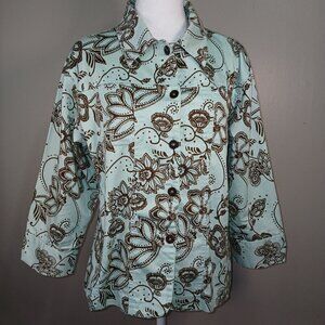 WOMEN'S MIRROR IMAGE SHACKET, 3\4 SLEEVE, MINT GREEN AND BROWN , SIZE LARGE